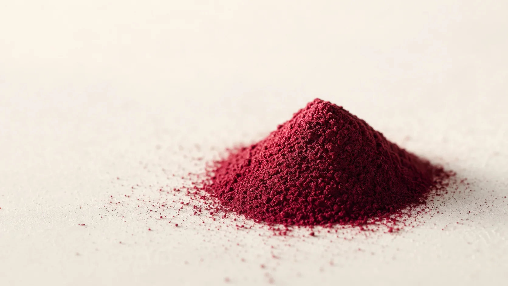 Feines Rote-Bete-Pulver in tiefem Rot auf weißem Untergrund, Nahaufnahme der Pulverstruktur